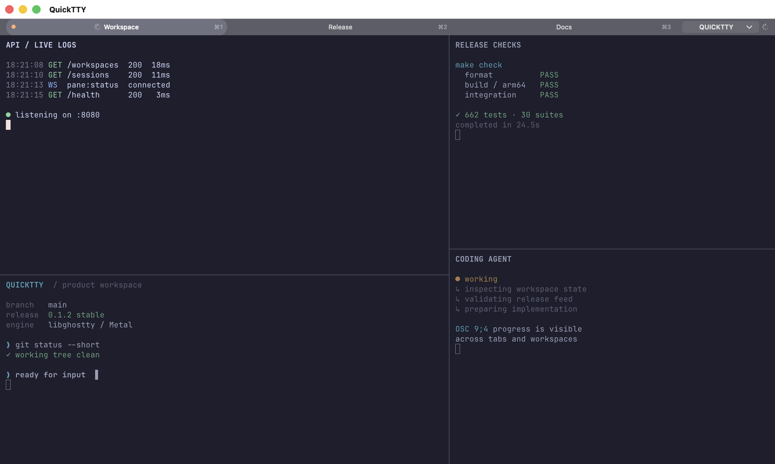QuickTTY workspace with four terminal panes and broadcast input active, shown by an orange indicator on the active Workspace tab
