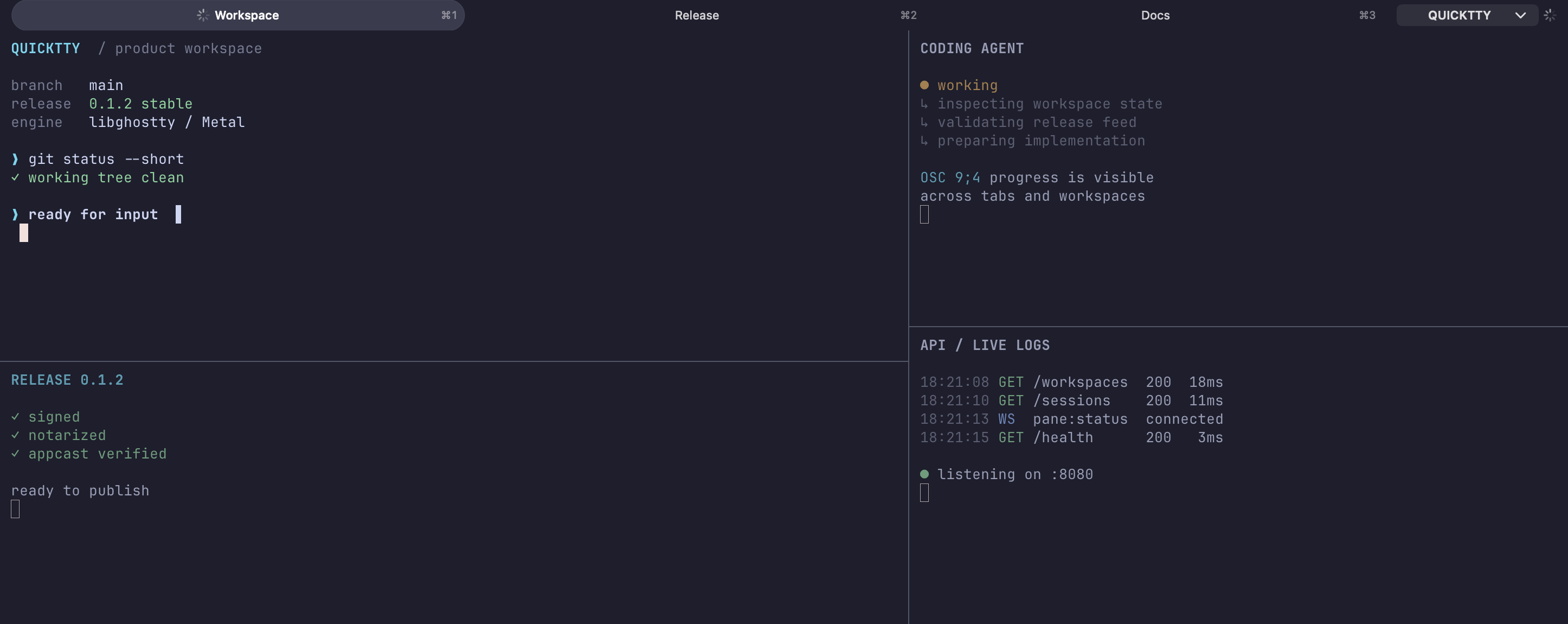 QuickTTY in Quake mode dropped down from the top of the screen with the existing tabs and split terminal sessions still running