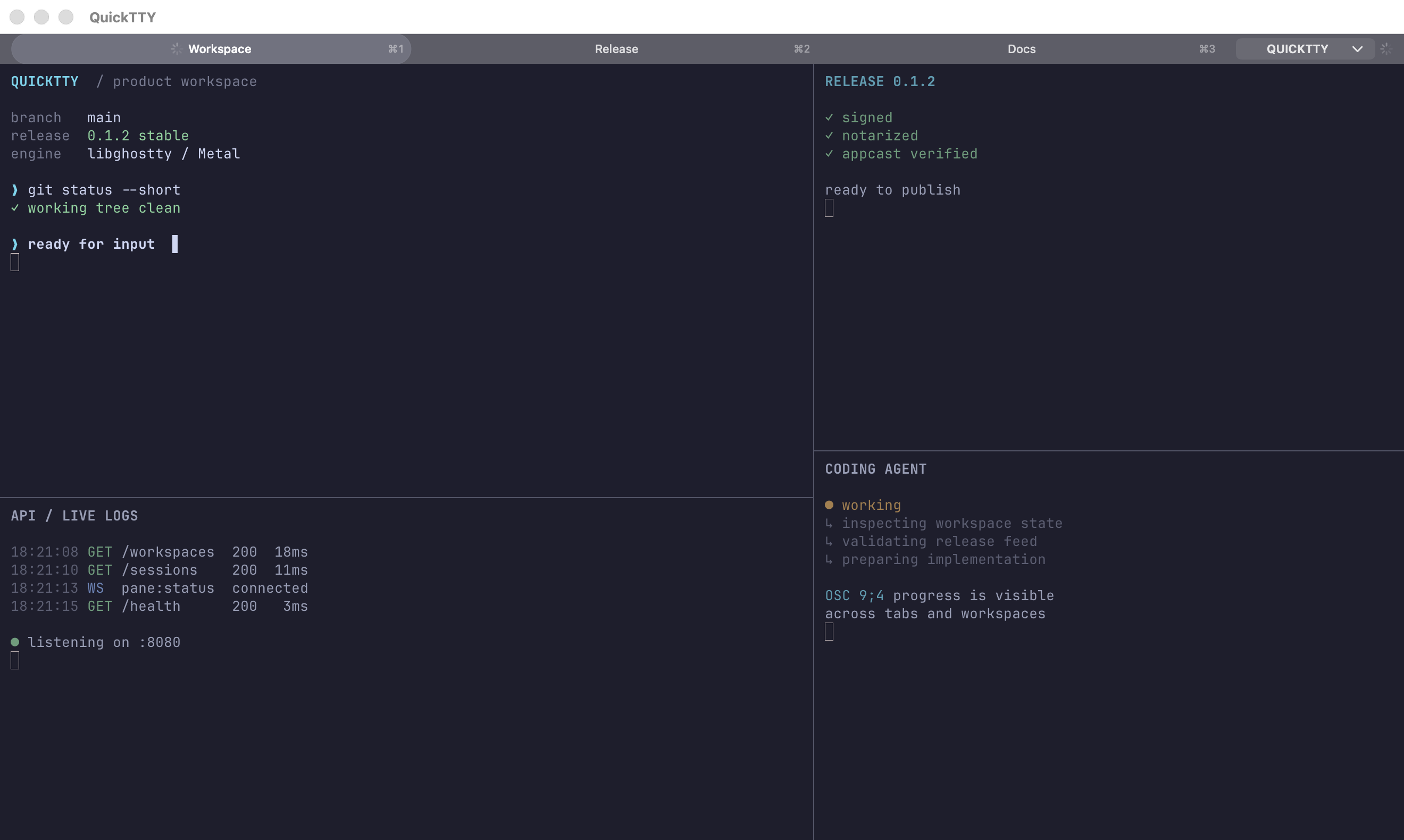 QuickTTY normal window with tabs, a named workspace selector, and four split terminal panes showing shell status, release checks, logs, and coding-agent progress